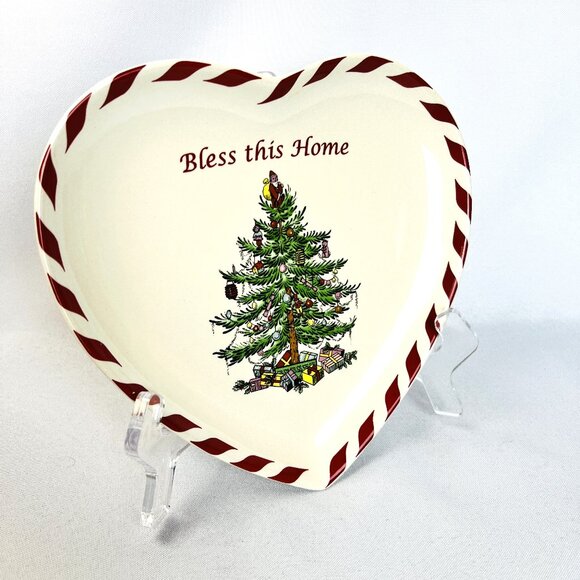 Spode Christmas Tree Heart Shaped Dish Bless this Home Peppermint Stripe 7 3/4" - Picture 1 of 7